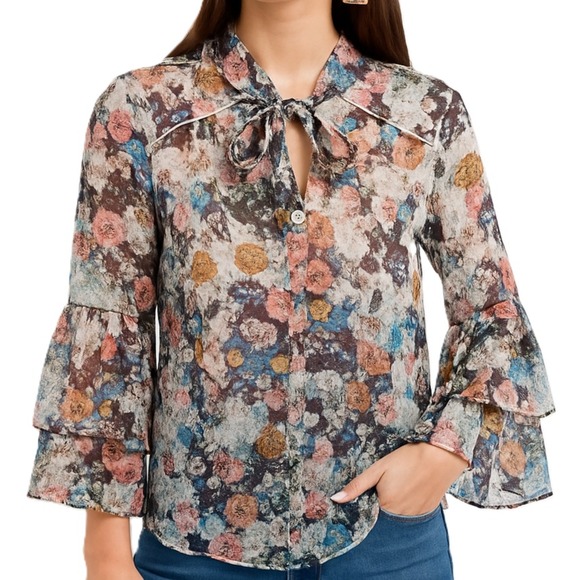 Lauren Conrad Womens S Multicolor Floral Sheer Bow Neck Bell Sleeve Blouse - Picture 1 of 16